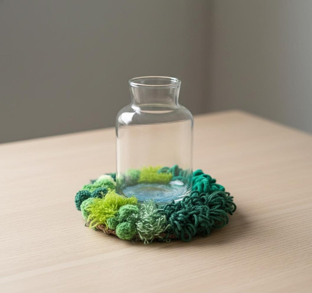Handmade Moss Coaster, One of a Kind Fiber Art Drink Mat, Textured Yarn Home Decor