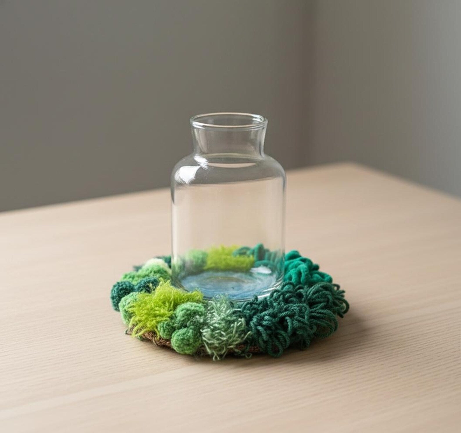 Handmade Moss Coaster, One of a Kind Fiber Art Drink Mat, Textured Yarn Home Decor