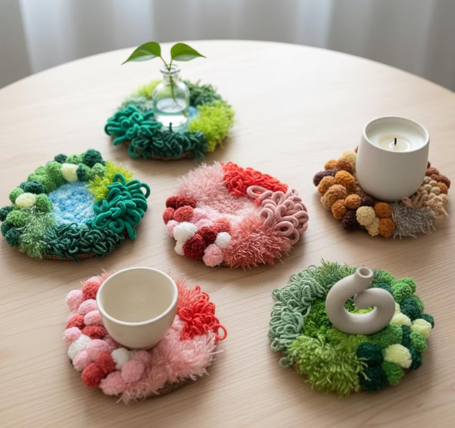 Handmade Moss Coaster, One of a Kind Fiber Art Drink Mat, Textured Yarn Home Decor